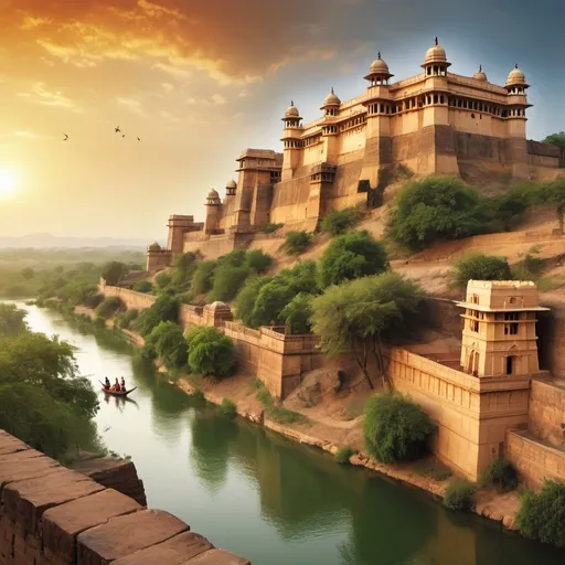 Prompt: Create a realistic and engaging back cover image for a non-fiction book titled "Maharana Pratap: The Warrior King - Strategies for Modern Life". The background should feature a complete, panoramic view of Chittorgarh Fort with its surrounding lake, under a beautiful sunrise, evoking a sense of new beginnings and hope. Ensure the colors are vibrant and the scene is well-lit to create a clear and inviting visual.

Incorporate subtle imagery of an ancient scroll or book, symbolizing wisdom and learning, in the background. Additionally, add small, tasteful icons representing strength, strategy, and growth around the edges or corners of the cover.

Content Layout:
- **Top Section**: A brief synopsis of the book, highlighting key aspects such as battles, strategies, and self-development lessons.
- **Middle Section**: Features of the book, including interactive elements, untold mysteries, and practical self-improvement challenges.
- **Bottom Section**: Author bio and an inset map showing key locations like Chittorgarh and Haldighati.

Ensure the overall visual style is cohesive with the front cover, using rich, warm colors and dynamic lighting. The text should be clear and easy to read, harmonizing with the historical ambiance and maintaining a polished look.


