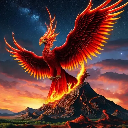 Prompt: A red book on top of a mountain draining power from a phoenix that is made out of pure fire, the sky is night with many stars in the sky shining, the phoenix is yelling in pain, 3d