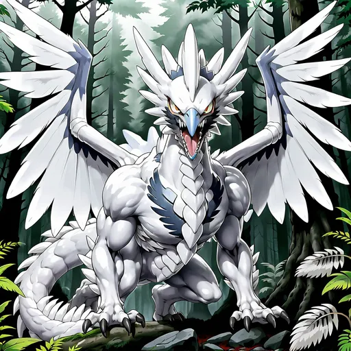 Prompt: Reshiram from pokemon with fully black eyes, grey color body and extremely sharp teeth, its roaring in a forest raising it's wings in the air, scary art, horror, Gruesome Art