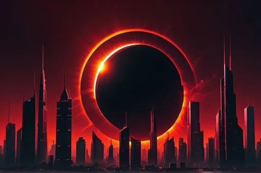 Prompt: Solar eclipse with red neon coloring, cyberpunk theme, highres, ultra-detailed, futuristic skyscrapers silhouetted against the eclipse, intense and dramatic lighting, sci-fi, cyberpunk, neon red tones, dystopian cityscape, futuristic, high-tech, professional, atmospheric lighting

smaller city scape