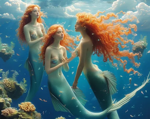 Prompt: Instead of water, a vast ocean floats in the sky, with ethereal mermaids swimming gracefully through the clouds. The mermaids’ tails shimmer with bioluminescent colors, and their hair floats as if suspended in water. Below, glowing waves ripple softly, and distant floating islands covered in glowing corals and sea plants appear like dreamlike reefs. The blending of ocean life and sky gives the scene a whimsical and fantastical feel.