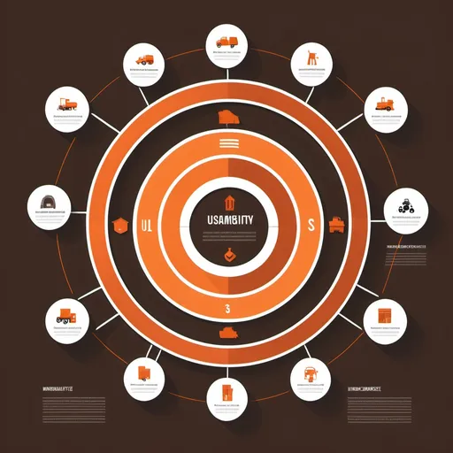 Prompt: a minimalist infographic design, bright orange , dark brown in combination, white background colors and a retro aesthetic, security, infrastructure, agriculture, logistics, insurance in a circular frame