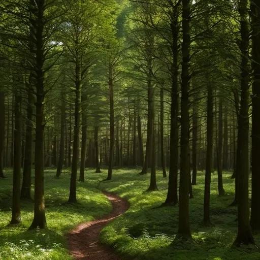 Prompt: Wald, ein paar Sonnenstrahlen berühren den Boden, Moos, einsam, Waldweg, Morgentau, Portraitmodus, braun und grün töne 