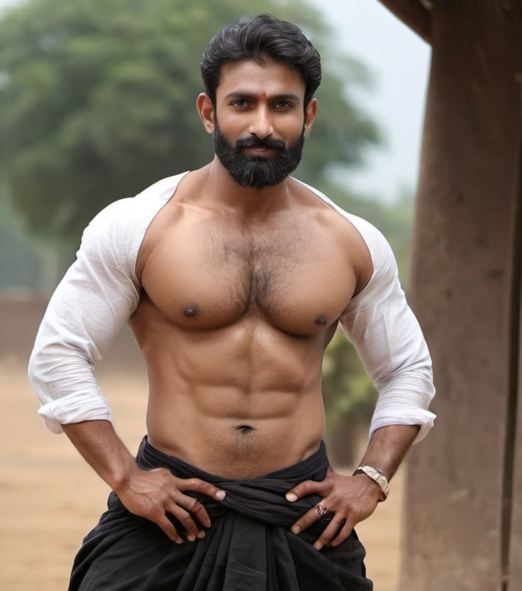 Prompt: Indian male, riding horse, shirt less, dhoti, visible abs, stubble beard, salt pepper hair, stubble beard, sharp small black eyes, age 30s, 40 years old, full pose, front side, muscular body, buff, 6'2" tall, full body, huge muscles, short hair