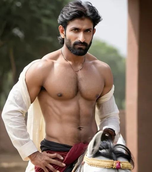 Prompt: Indian male, riding horse, shirt less, dhoti, visible abs, stubble beard, salt pepper hair, stubble beard, sharp small black eyes, age 30s, 40 years old, full pose, front side, muscular body, 6'2" tall, full body