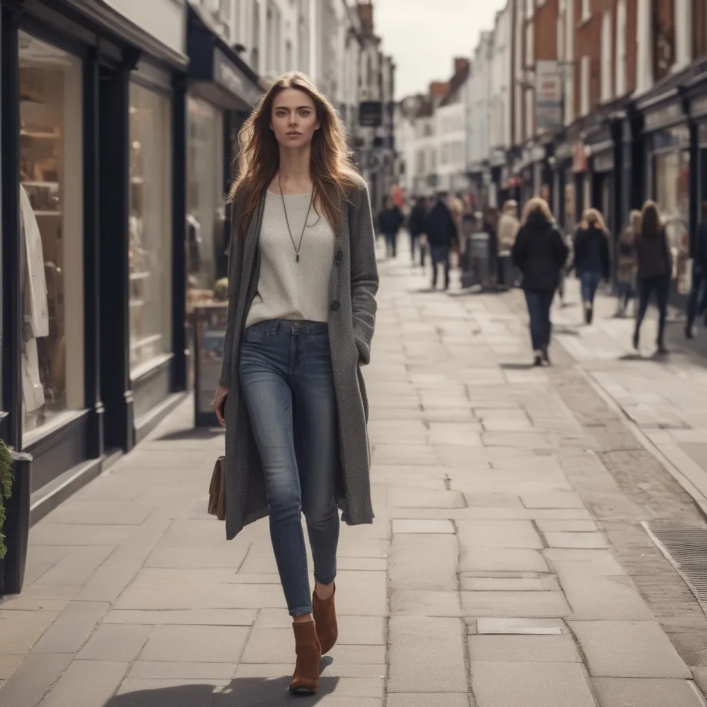 Prompt: Tall young woman walking down the high street, detailed clothing, realistic, natural lighting