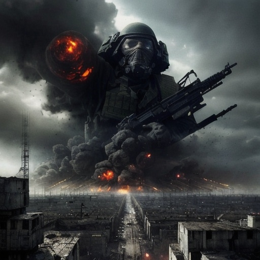 Prompt: (dramatic depiction of WW3), chaotic battle scenes, intense military conflict, crumbled urban landscapes, dark smoke and explosions, somber atmosphere, high tension, distressed soldiers, collaborative forces, intense skies filled with turmoil, (shadowy figures), stark contrasts in light and dark, emotionally charged expressions, (ultra-detailed), cinematic depth, dystopian remnants, (epic scale), heavy machinery, futuristic weapons, (high quality)