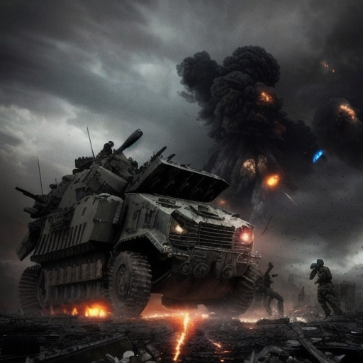 Prompt: (dramatic depiction of WW3), chaotic battle scenes, intense military conflict, crumbled urban landscapes, dark smoke and explosions, somber atmosphere, high tension, distressed soldiers, collaborative forces, intense skies filled with turmoil, (shadowy figures), stark contrasts in light and dark, emotionally charged expressions, (ultra-detailed), cinematic depth, dystopian remnants, (epic scale), heavy machinery, futuristic weapons, (high quality)