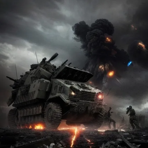 Prompt: (dramatic depiction of WW3), chaotic battle scenes, intense military conflict, crumbled urban landscapes, dark smoke and explosions, somber atmosphere, high tension, distressed soldiers, collaborative forces, intense skies filled with turmoil, (shadowy figures), stark contrasts in light and dark, emotionally charged expressions, (ultra-detailed), cinematic depth, dystopian remnants, (epic scale), heavy machinery, futuristic weapons, (high quality)