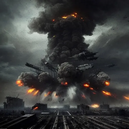 Prompt: (dramatic depiction of WW3), chaotic battle scenes, intense military conflict, crumbled urban landscapes, dark smoke and explosions, somber atmosphere, high tension, distressed soldiers, collaborative forces, intense skies filled with turmoil, (shadowy figures), stark contrasts in light and dark, emotionally charged expressions, (ultra-detailed), cinematic depth, dystopian remnants, (epic scale), heavy machinery, futuristic weapons, (high quality)