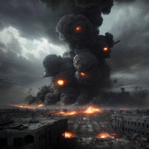 Prompt: (dramatic depiction of WW3), chaotic battle scenes, intense military conflict, crumbled urban landscapes, dark smoke and explosions, somber atmosphere, high tension, distressed soldiers, collaborative forces, intense skies filled with turmoil, (shadowy figures), stark contrasts in light and dark, emotionally charged expressions, (ultra-detailed), cinematic depth, dystopian remnants, (epic scale), heavy machinery, futuristic weapons, (high quality)