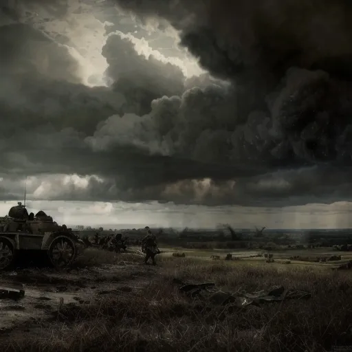 Prompt: WW2 (historic scene), realistic battlefield, soldiers with equipment, vintage military vehicles, dramatic clouds filling the sky, intense atmosphere, muted colors highlighting the somber mood, ruins in the background, flashes of gunfire, tension and bravery, high-detail imagery, (4K resolution), (historical accuracy).