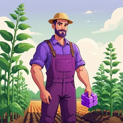 Prompt: A farmer, 30 years old, is working on a farm. He is wearing purple clothes. The plants he is tending to has big, purple colored, cubic blocks growing on them. Cartoon style.