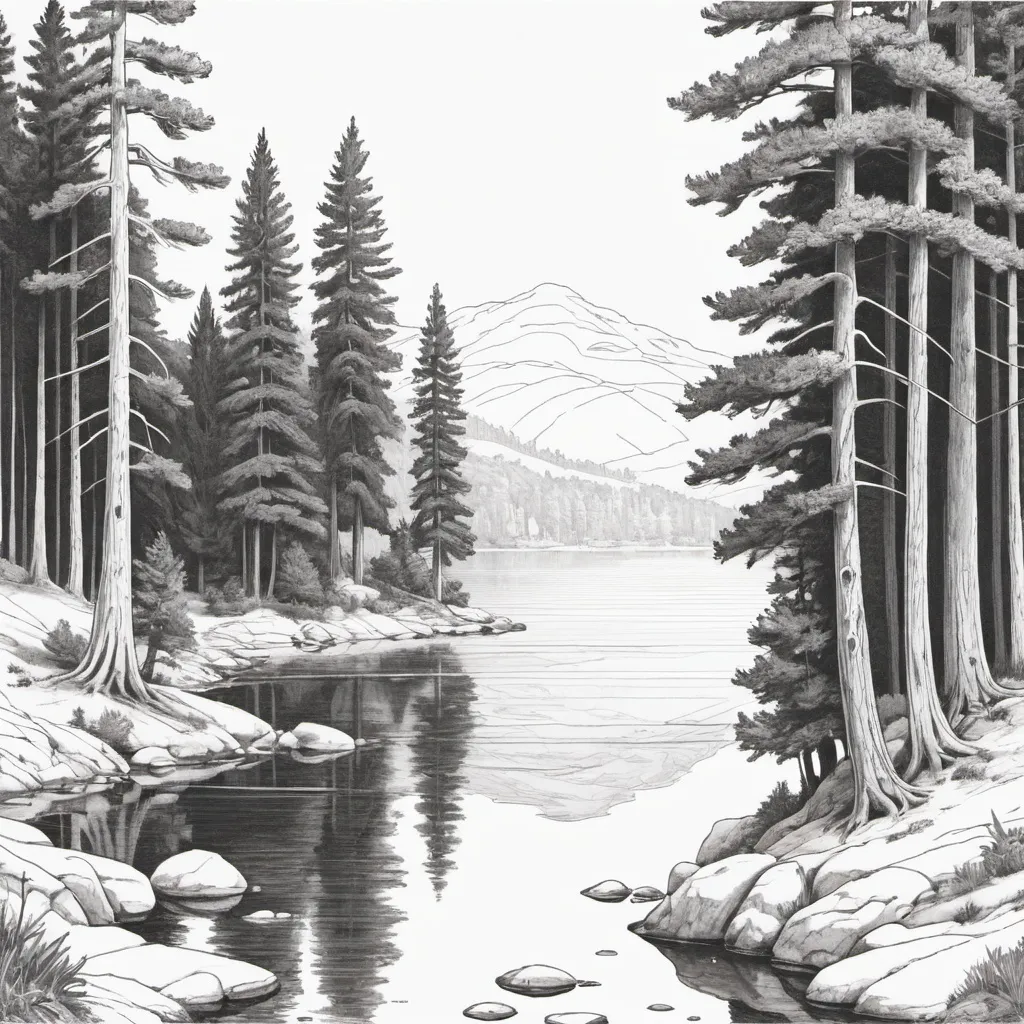 Prompt: SVG BLACK AND WHITE LINE DRAWING OF SERENE 
CEDARS BY LAKE 