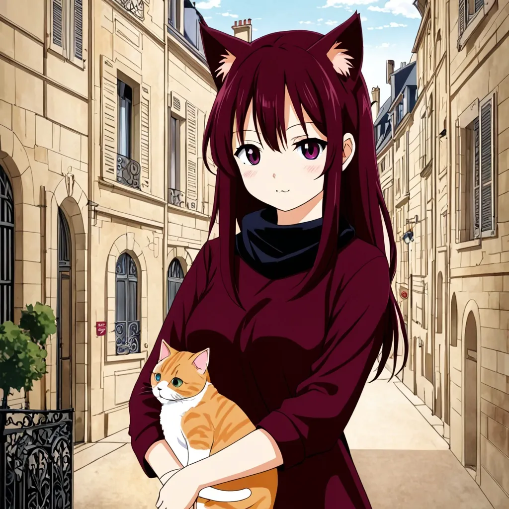 Prompt: anime, girl, Bordeaux, french, cat 