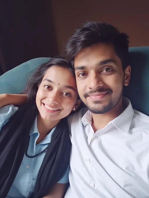 Prompt: A cozy, intimate moment unfolds between a young couple, their faces illuminated by soft, warm light. The woman, with a gentle smile, is nestled close to the man, whose arm is draped around her shoulder, creating a sense of closeness and affection. Both are dressed casually, with the woman in a light blue top accented by a black scarf, while the man wears a white shirt, suggesting a relaxed atmosphere. The background is slightly blurred, hinting at a comfortable indoor setting, possibly their home, where the mood is relaxed and personal. The overall composition, focused on their expressions, radiates warmth and connection, capturing a cherished memory in a candid way.