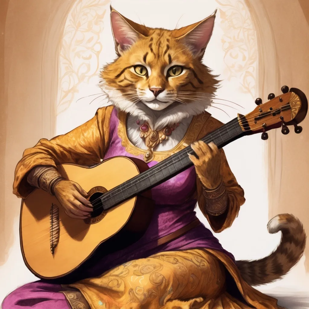 Prompt: (fantastical sketch) female tabaxi bard plays a lute, (spotted golden fur), sitting gracefully in a dynamic pose, (bubbly happy expression), delicate facial features, adorned with intricate brightly colored garments, holding a lute, playing a Renaissance lute instrument,(whimsical environment), light brown paper background, (detailed pencil texture), soft lighting, ethereal atmosphere, intricate details, enchanting vibe, high quality, d&d character portrait