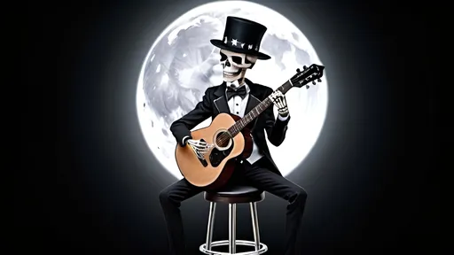 Prompt: a skeleton with a black hat and suit playing guitar sitting on a swivel bar stool, black background with stars and a glowing full moon