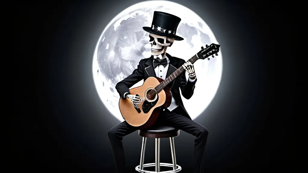 Prompt: a skeleton with a black hat and suit playing guitar sitting on a swivel bar stool, black background with stars and a glowing full moon