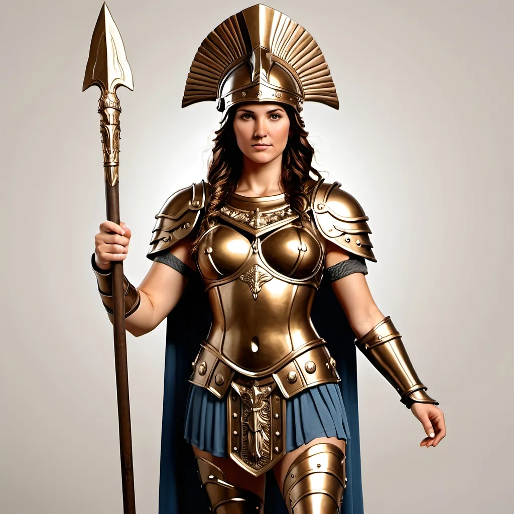 Prompt: goddess athena with armor, breastplate, bronze armor leggings, spear