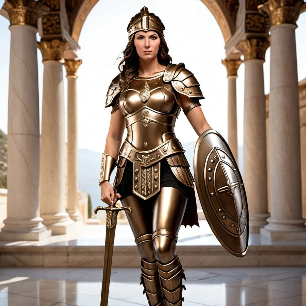 Prompt: goddess athena with armor, breastplate, bronze armor leggings, spear