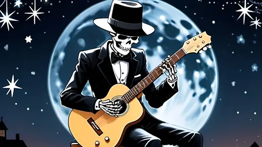 Prompt: a skeleton with a black hat and suit playing guitar looking down sitting on a swivel bar stool, hat's brim covering eye sockets, shinning stars and a glowing shinny full moon on background