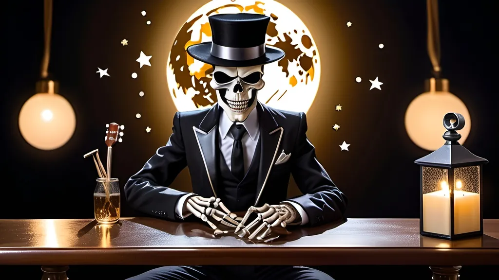 Prompt: hat's brim covering eye sockets, a skeleton with a black hat and suit playing guitar looking down sitting on a swivel bar stool, 7-Fold Tie, shinning stars and a glowing shinny full moon on background