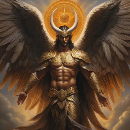 Prompt: Painting depicting Lucifer as a protector, open arms, big majestic opened wings, wings, humble, high-quality, detailed feathers, professional, detailed facial features, angelic, compassionate look, horns, realistic, high-quality, open arms