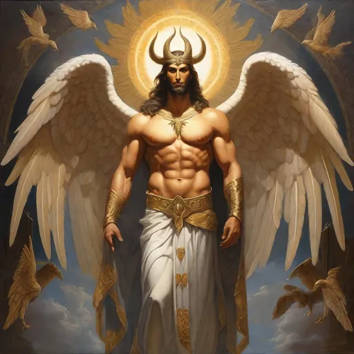 Prompt: Painting depicting Lucifer as a protector, open arms, big majestic opened wings, wings, humble face, high-quality, detailed feathers, professional, detailed facial features, angelic, compassionate look, horns, realistic, high-quality, open arms, in good shape