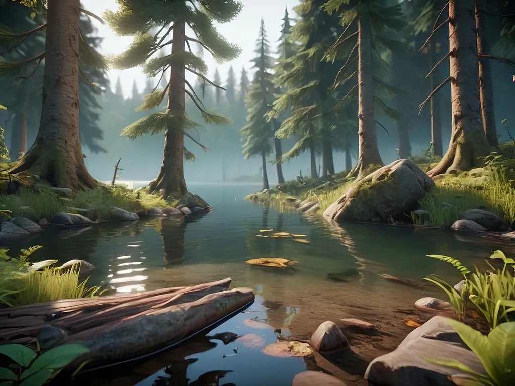 Prompt: a mysterious forest next to a lake, high quality, unreal engine