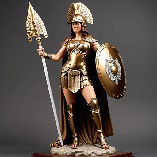 Prompt: goddess athena with armor, breastplate, bronze armor leggings, spear, shield