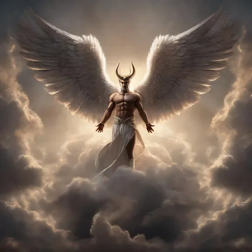 Prompt: Photorealistic depiction of Lucifer as a protector, open arms, opened majestic wings, wings two times bigger than arms, humble, high-quality, detailed feathers, professional, detailed facial features, angelic, compassionate look, horns