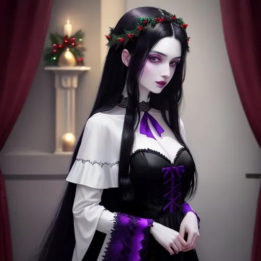 Prompt: Woman with pale skin, both purple eyes same color, long black hair with purple tint, in gothic fashion dress with Christmas colors, should have background Christmas tree with ghosts hidden in the background, should be festive, holly in hair as decoration 