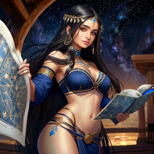 Prompt: Woman with long brownish black hair, skin is slightly tan, wearing Greek clothing, has glowing constellation tattoos on her skin, eyes dark blue with galaxy swirls in the pupils, on a wooden ship, looking at ancient maps of the ocean, confident smirk 