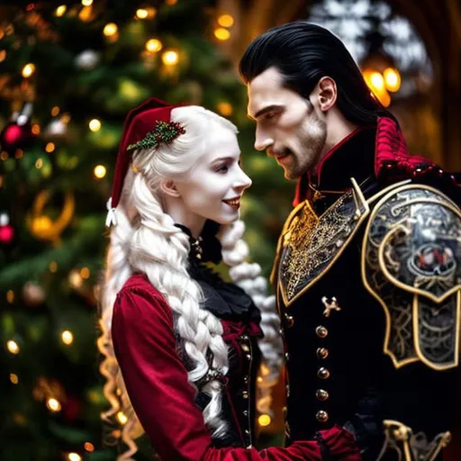 Prompt: A romantic couple in a gothic Christmas setting, man is tall, handsome, black hair with pale skin, red pupils, Dracula, armored clothing on man. Pretty young woman with long blonde hair with pink tones, living skin color, Victorian steampunk dress with holly decoration in hair, blue pupils. She is happy, excited. He holds her close. Woman is human. Christmas trees in a gothic house. Eyes white sclera 