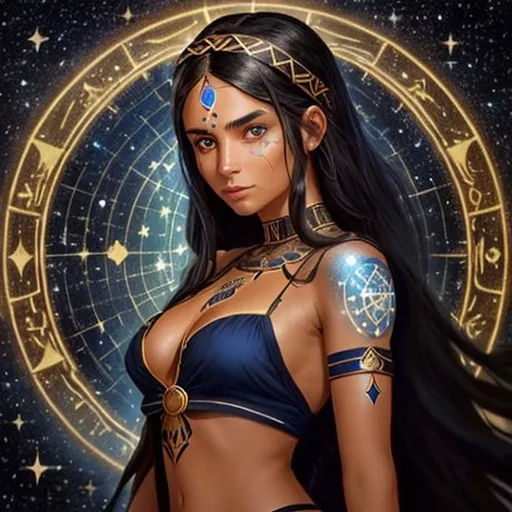 Prompt: Woman with long brownish black hair, skin is slightly tan, wearing Greek clothing, has glowing constellation tattoos on her skin, eyes dark blue with galaxy swirls in the pupils, on a wooden ship, looking at ancient maps of the ocean, arrogant facial expression