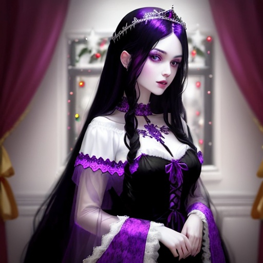 Prompt: Woman with pale skin, purple eyes, long black hair with purple tint, in gothic fashion dress with Christmas colors, should have background Christmas tree with ghosts hidden in the background, should be festive, tiara of holly. 