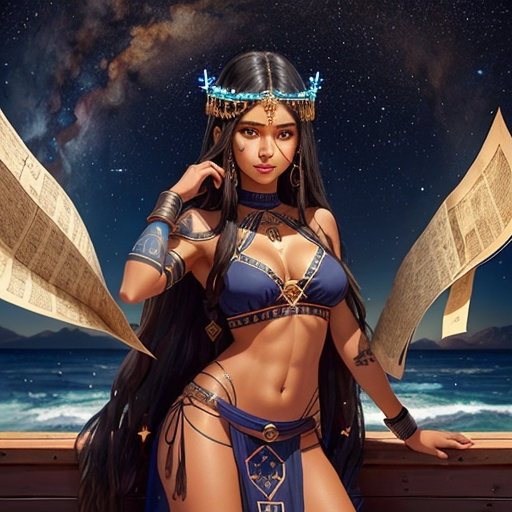 Prompt: Woman with long brownish black hair, skin is slightly tan, wearing Greek clothing, has glowing constellation tattoos on her skin, eyes dark blue with galaxy swirls in the pupils, on a wooden ship, looking at ancient maps of the ocean, confident smirk 