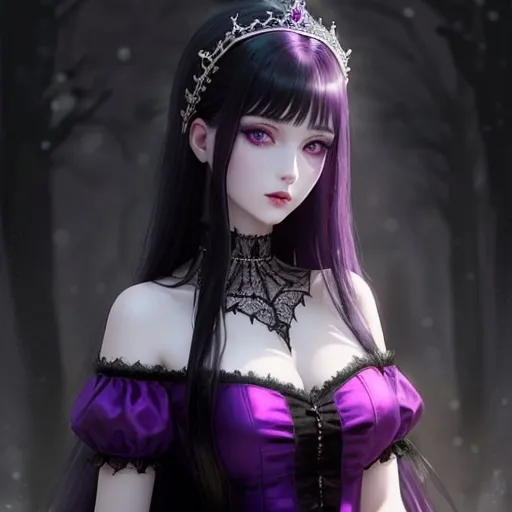 Prompt: Woman with pale skin, purple eyes, long black hair with purple tint, in gothic fashion dress with Christmas colors, should have background Christmas tree with ghosts hidden in the background, should be festive, tiara of holly. 