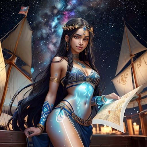 Prompt: Woman with long brownish black hair, skin is slightly tan, wearing Greek clothing, has glowing constellation tattoos on her skin, eyes dark blue with galaxy swirls in the pupils, on a wooden ship, looking at ancient maps of the ocean, confident smirk 