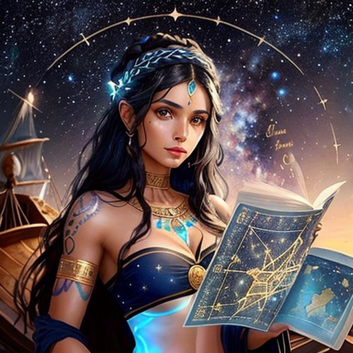 Prompt: Woman with long brownish black hair, skin is slightly tan, wearing Greek clothing, has glowing constellation tattoos on her skin, eyes dark blue with galaxy swirls in the pupils, on a wooden ship, looking at ancient maps of the ocean 