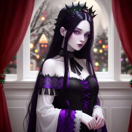 Prompt: Woman with pale skin, both purple eyes same color, long black hair with purple tint, in gothic fashion dress with Christmas colors, should have background Christmas tree with ghosts hidden in the background, should be festive, holly in hair as decoration 