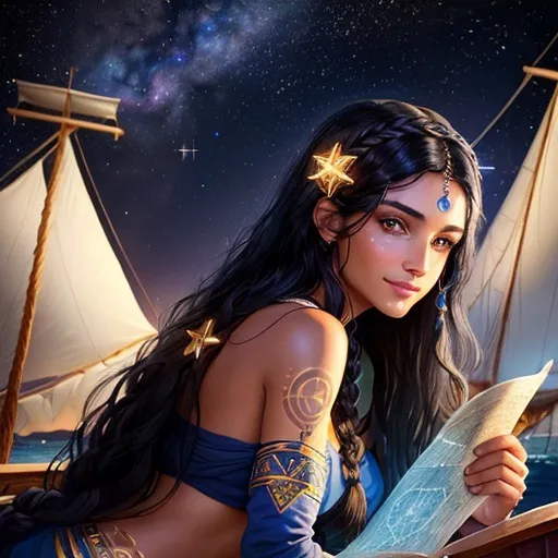 Prompt: Woman with long brownish black hair, skin is slightly tan, wearing Greek clothing, has glowing constellation tattoos on her skin, eyes dark blue with galaxy swirls in the pupils, on a wooden ship, looking at ancient maps of the ocean, confident smirk 