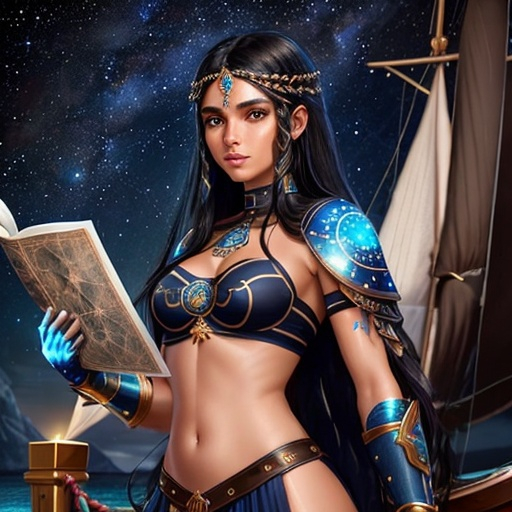 Prompt: Woman with long brownish black hair, skin is slightly tan, wearing Greek clothing with leather armor, has glowing constellation tattoos on her skin, eyes dark blue with galaxy swirls in the pupils, on a wooden ship, looking at ancient maps of the ocean 