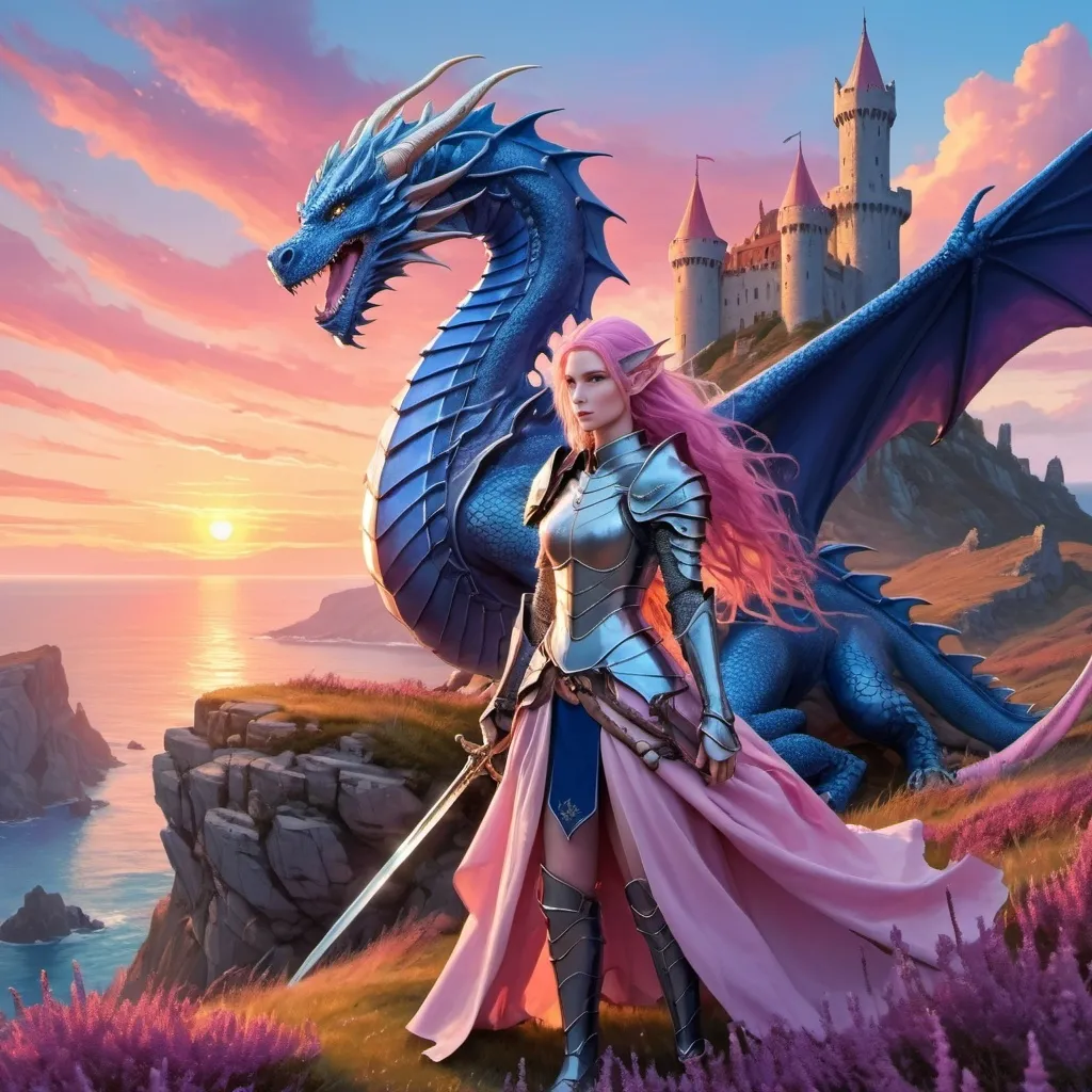 Prompt: Large sapphire blue dragon beside a female elf warrior queen with long flowing wavy pink hair and suit of armor and sword standing in a field of heather along a rocky cliffside by the sea with a castle tower and colorful sunset birds flying in the sky 