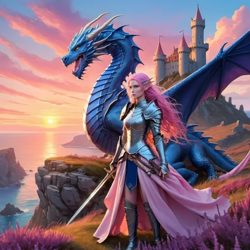 Prompt: Large sapphire blue dragon beside a female elf warrior queen with long flowing wavy pink hair and suit of armor and sword standing in a field of heather along a rocky cliffside by the sea with a castle tower and colorful sunset birds flying in the sky 