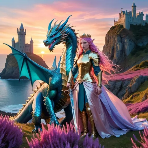 Prompt: Large iridescent sapphire blue dragon beside a female elf warrior with long flowing wavy pink hair, circlet crown and golden suit of armor and teal glass sword standing in a field of heather along a rocky cliffside by the sea with a castle tower and colorful sunset birds flying in the sky 