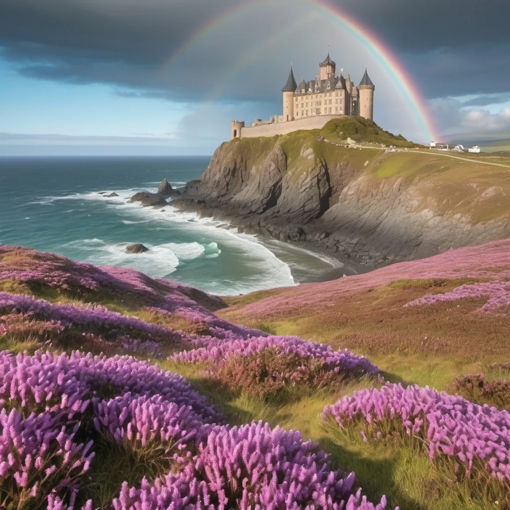 Prompt: A field of heather pink and purple flowers along a rocky oceanside cliff with a magnificent castle and beautiful rainbow