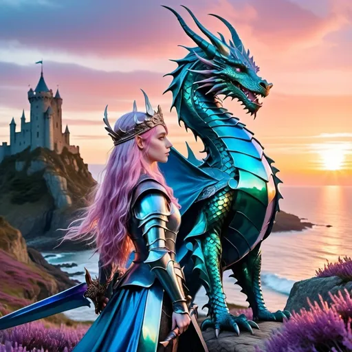 Prompt: Iridescent sapphire blue dragon beside a female elf warrior with soft features, long flowing wavy pink hair, crown, suit of armor and teal glass sword standing in a field of heather along a rocky cliffside by the sea with a castle tower and colorful sunset birds flying in the sky 