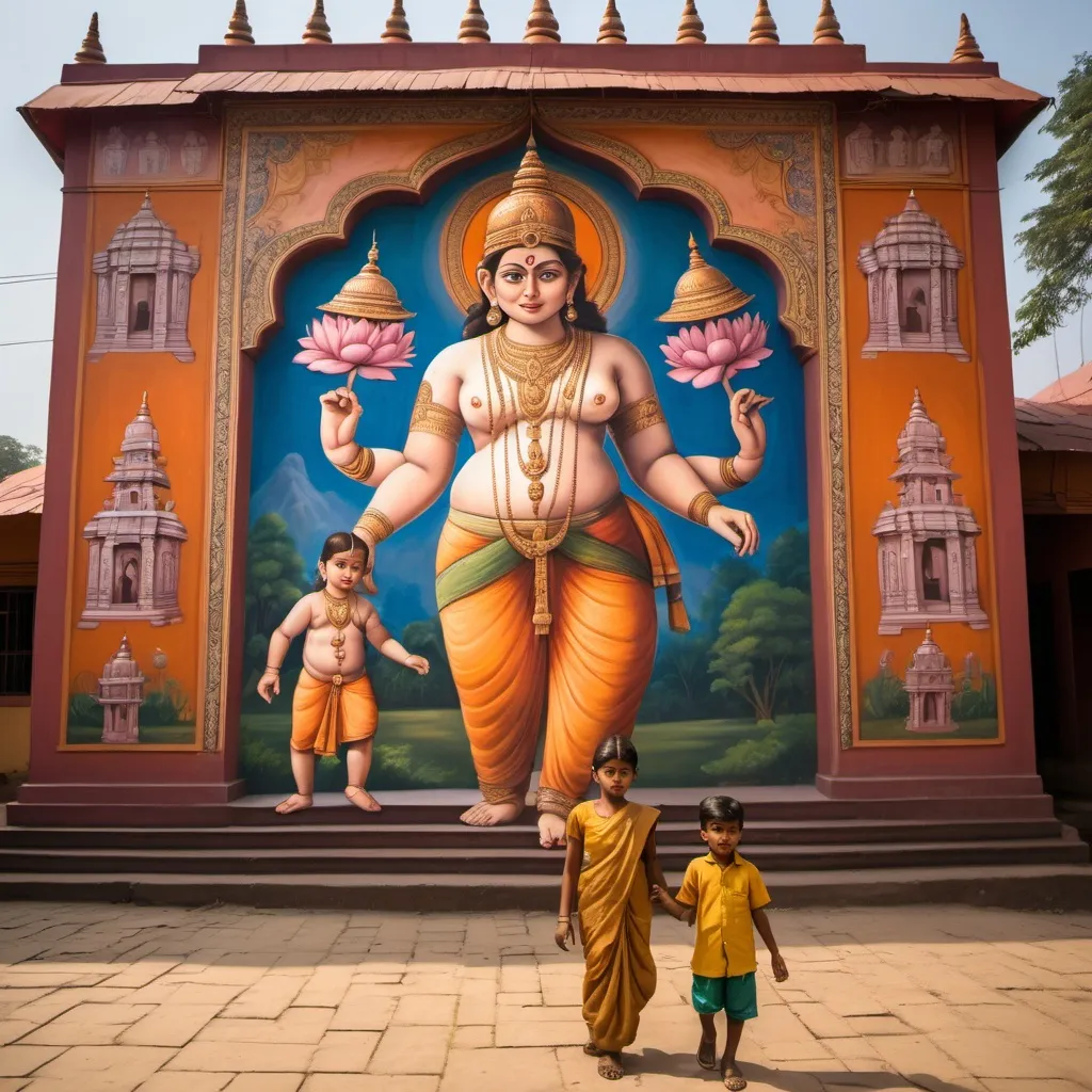 Prompt: a woman and a child are walking in front of a temple with a mural on the wall behind them, Ella Guru, samikshavad, award-winning photograph, a statue